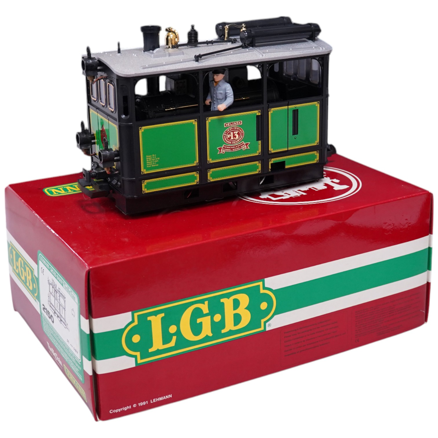 A boxed Lehman LGB (2150) G scale railway 0-4-0 steam tramcar locomotive, 13, in green and black livery. Condition - good, evidence of very minor running wear only.